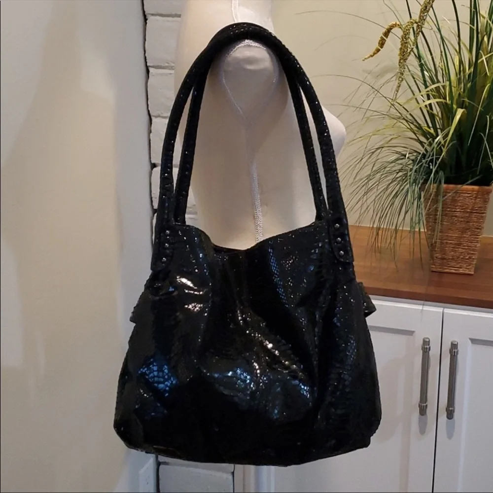 NWOT PERLINA BLACK SNAKESKIN EMBOSSED Hobo Bag w/Bow Sash